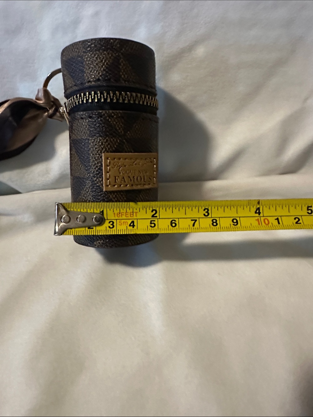 Vogue New Famous Brown Checker Cylindrical Keychain Pouch with Ribbon - Picture 5 of 5